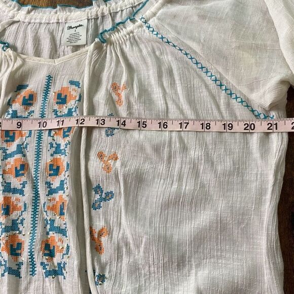 Wrangler peasant boho hippie shirt top turquoise tie neck Sz L - Picture 8 of 10